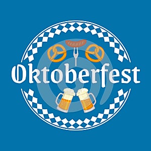 Oktoberfest logo, badge or label with beer mugs, pretzel and sausage. Beer festival poster or banner design elements. German fest